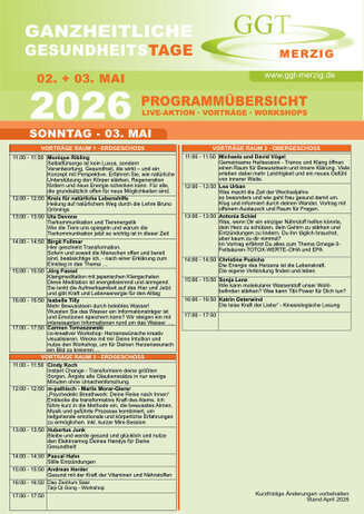 Gesamtübersicht der Vorträge und Workshops während der Gesundheitsmesse 2026 in Merzig.